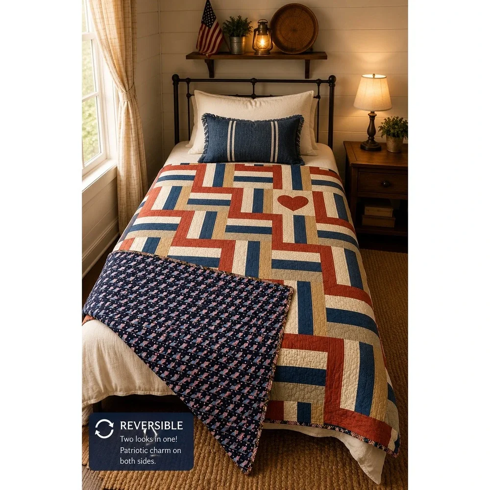 Vintage Patriotic Patchwork Quilt Reversible Americana Heart Twin Topper 69x50